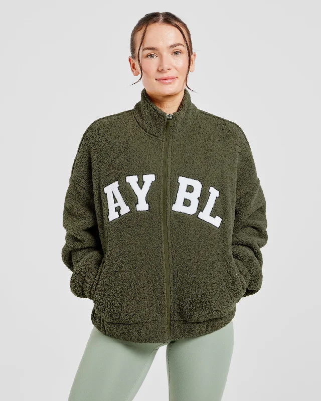 Varsity Oversized Fleece Zip Up Jacket - Khaki Grün Wool Fabric Cashmere Fabric Tweed Fabric Varsity Oversized Fleece Zip Up Jacket - Khaki Grün Wool Fabric Cashmere Fabric Tweed Fabric