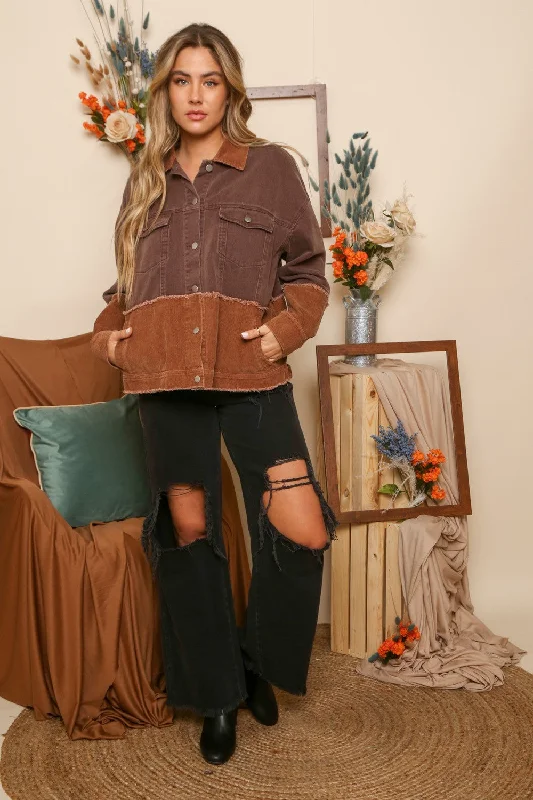 Peach Love Women's Rust Block Corduroy Jacket Boat Neck Shawl Collar Notched Collar
