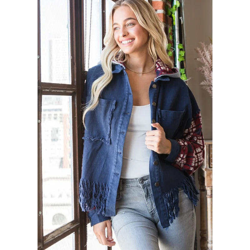 Oli & Hali Plaid Sleeve Fray Jacket Nylon Jacket Polyester Jacket Spandex Jacket