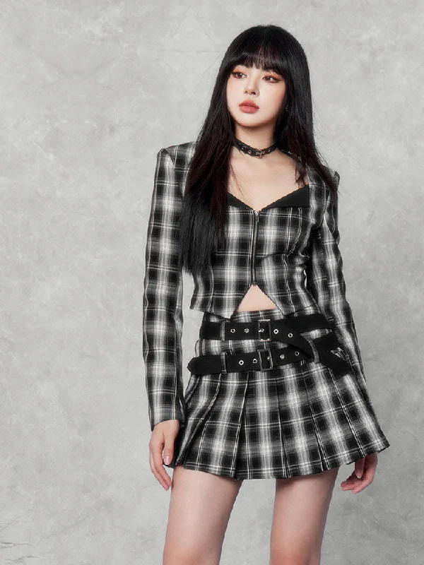 Plaid Punk Cropped Jacket/Pleated Skirt Welt Pockets Slit Pockets Flap Pockets