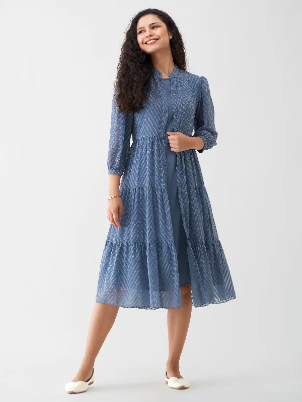 Slate Blue Crepe Chiffon Swiss Dot Boat Neck Tunic Top with Jacket Hoodie Zip-Up Jacket Button-Up Jacket Slate Blue Crepe Chiffon Swiss Dot Boat Neck Tunic Top with Jacket Hoodie Zip-Up Jacket Button-Up Jacket