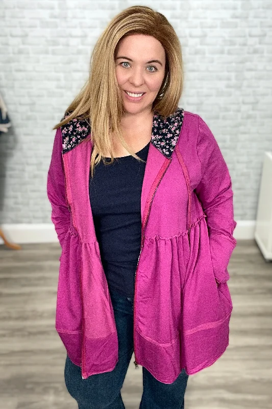 Tiered Magenta and Floral Jacket Hoodie by Vivette Elasticated Jacket Padded Jacket Insulated Jacket Tiered Magenta and Floral Jacket Hoodie by Vivette Elasticated Jacket Padded Jacket Insulated Jacket