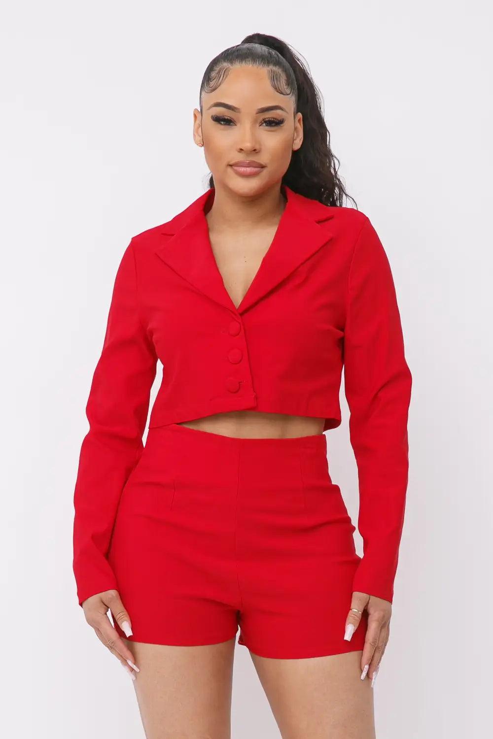 Functional Button Down Cropped Blazer And Shorts Set- Red Women's Wedding Blazer