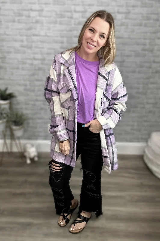 Lilac Purple, Ivory, and Gray Plaid Flannel Shacket - Shirt Jacket Stand-Up Collar Roll-Neck Collar Turtle Neck Lilac Purple, Ivory, and Gray Plaid Flannel Shacket - Shirt Jacket Stand-Up Collar Roll-Neck Collar Turtle Neck