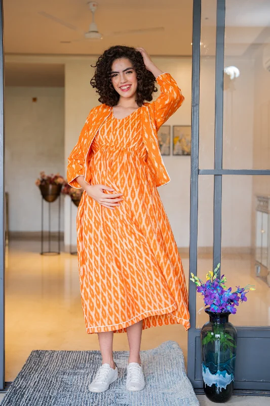 Vibrant Tangerine Ikat Maternity Dress With Jacket (100% Cotton) (2Pc) Trench Coat Raincoat Waterproof Jacket Vibrant Tangerine Ikat Maternity Dress With Jacket (100% Cotton) (2Pc) Trench Coat Raincoat Waterproof Jacket