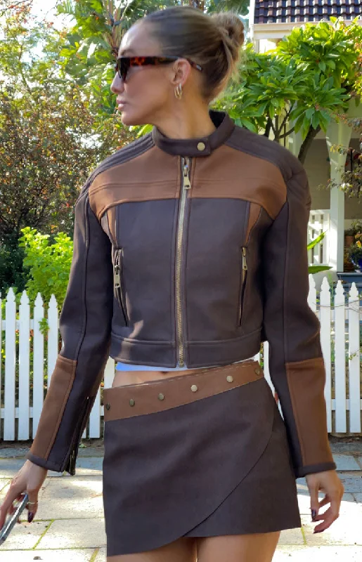 Lioness Chocolate Nueve Biker Jacket A-Line Jacket Boat Neck Shawl Collar