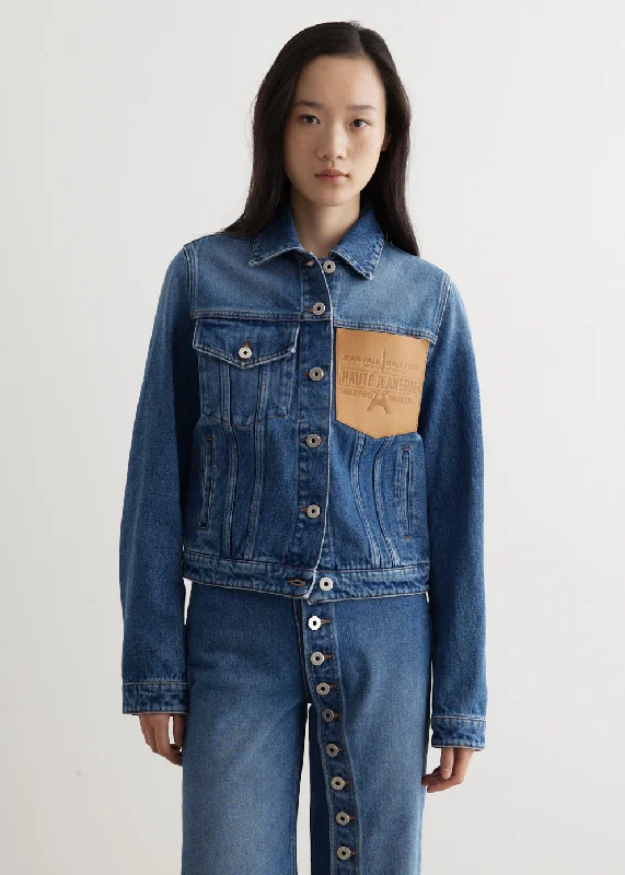 Denim Jacket With Leather Pocket Fleece Fabric Down Fabric Feather Fabric