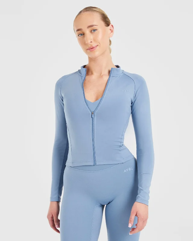 Staple Longline Zip Jacket - Slate Blau Front Pockets Side Pockets Patch Pockets