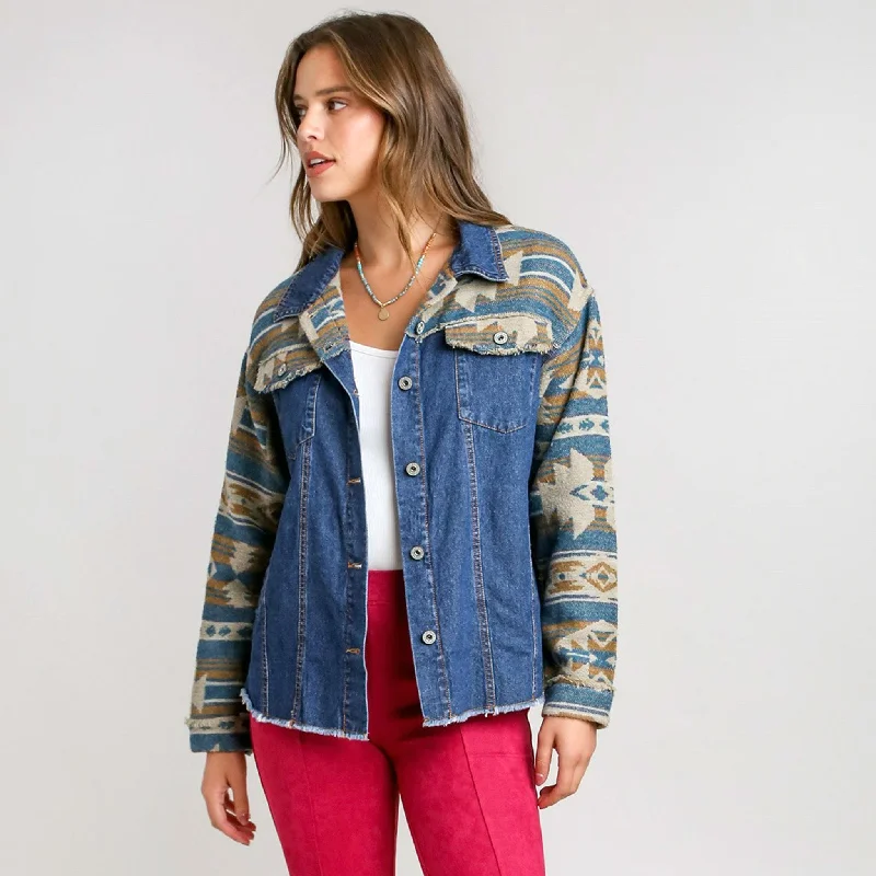 Umgee Women's Aztec Denim Jacket Jersey Jacket Tulle Jacket Batik Jacket