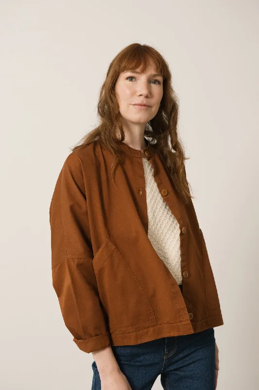 Henny Organic Cotton Jacket In Terracotta Zippered Front Buttoned Front Snap Front