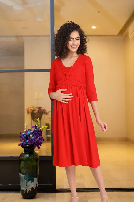 Sizzling Hot Red Maternity Knot Dress + Jacket (2pc) Fleece Fabric Down Fabric Feather Fabric
