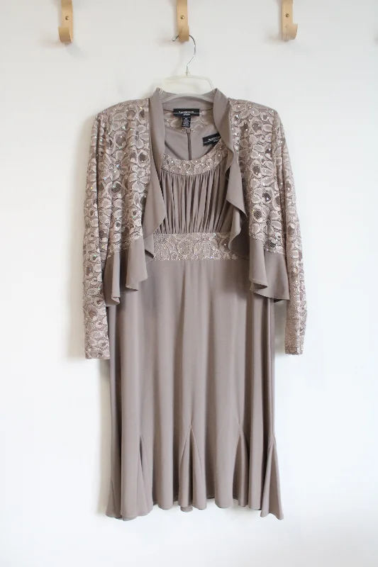 R&M Richards Lace & Rhinestone Taupe Dress & Jacket Set | 8 Petite Welt Pockets Slit Pockets Flap Pockets