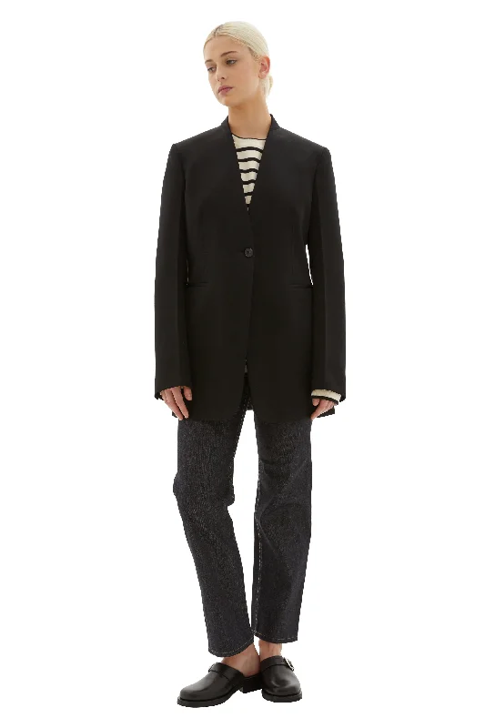Tailored Fitted Wool Jacket (Black) Notch Collar Peter Pan Collar Cowl Neck