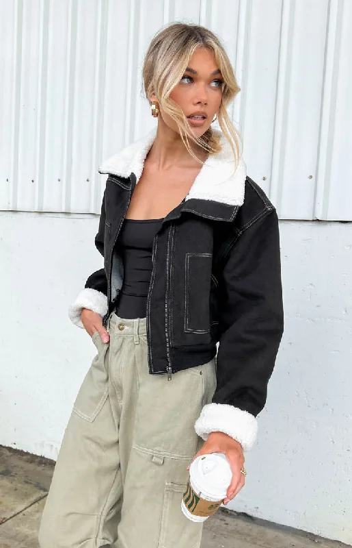 Indy Black Denim Sherpa Jacket Front Pockets Side Pockets Patch Pockets