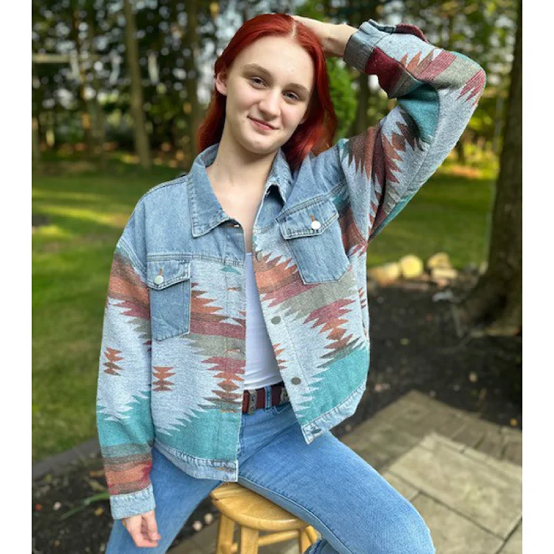 Montana Women's Denim & Aztec Jacket Tiered Jacket Buttoned Jacket Zippered Jacket