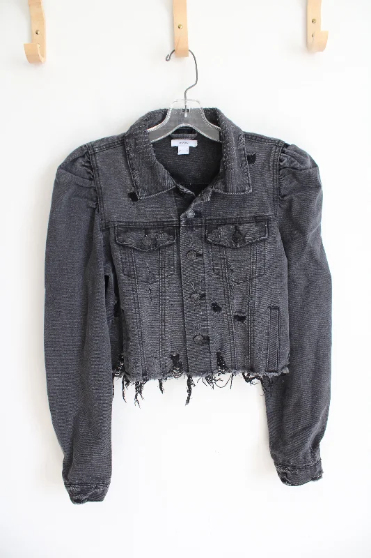 Forever 21 Distressed Cropped Black Denim Jacket | M Herringbone Jacket Checkered Jacket Solid Jacket Forever 21 Distressed Cropped Black Denim Jacket | M Herringbone Jacket Checkered Jacket Solid Jacket