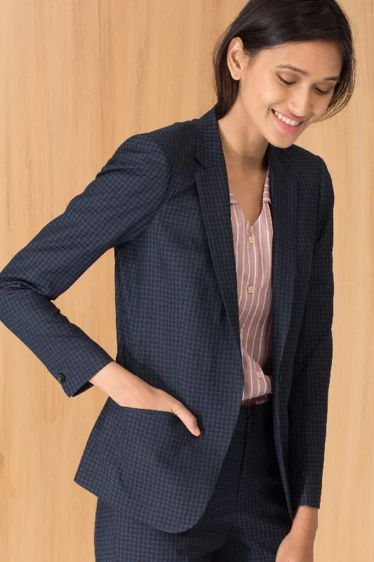 Blue Houndstooth Plaid Blazer Women's Luxurious Jacket