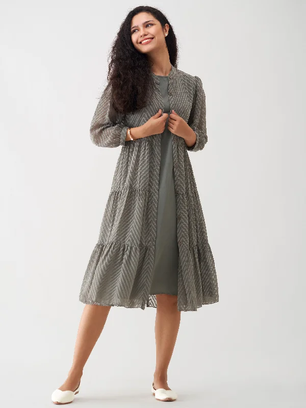 Davy Grey Crepe Chiffon Swiss Dot Boat Neck Tunic Top with Jacket Cardigan Sweater Pullover Davy Grey Crepe Chiffon Swiss Dot Boat Neck Tunic Top with Jacket Cardigan Sweater Pullover