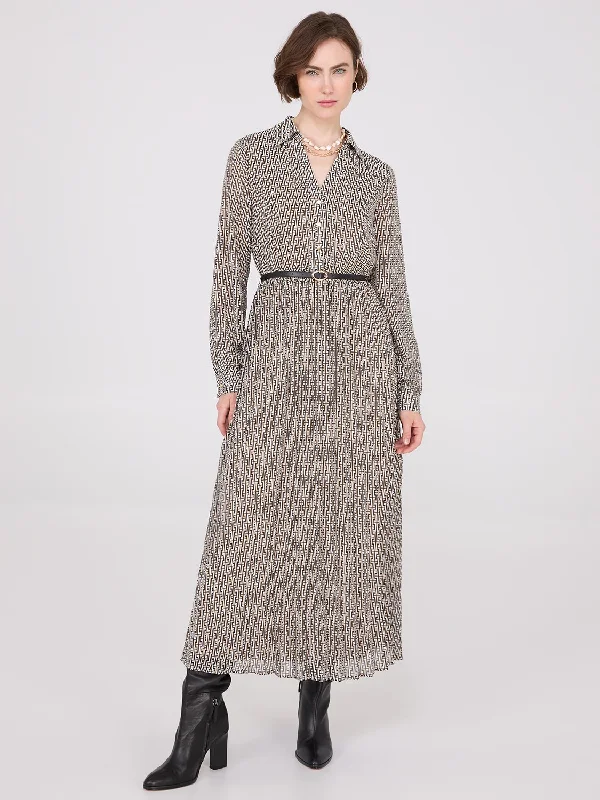 Geo Print Chiffon Dress With Belt
