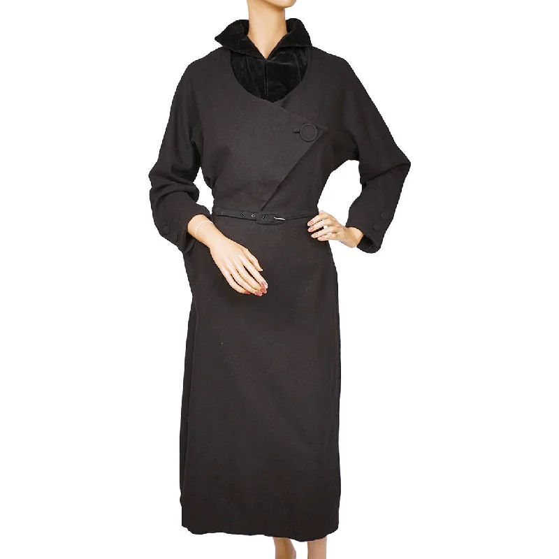 Vintage 1950s Dress Black Wool w Velvet Rosella Moden Frankfurt German Fashion M