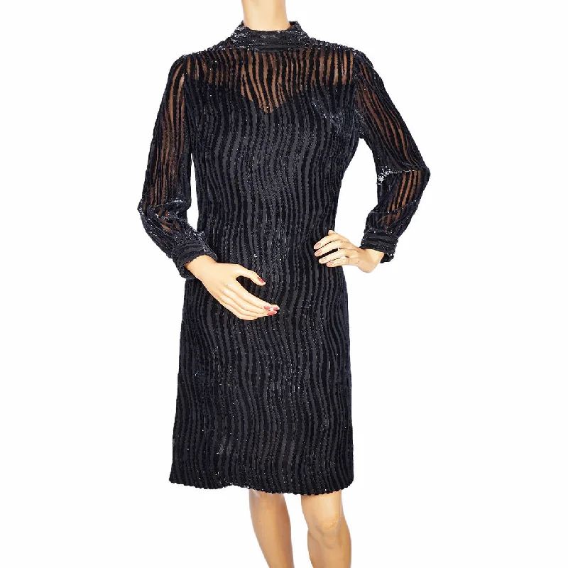 Vintage 1960s Mod Black Striped Silk Devore Velvet Dress - Bianchini Ferier M
