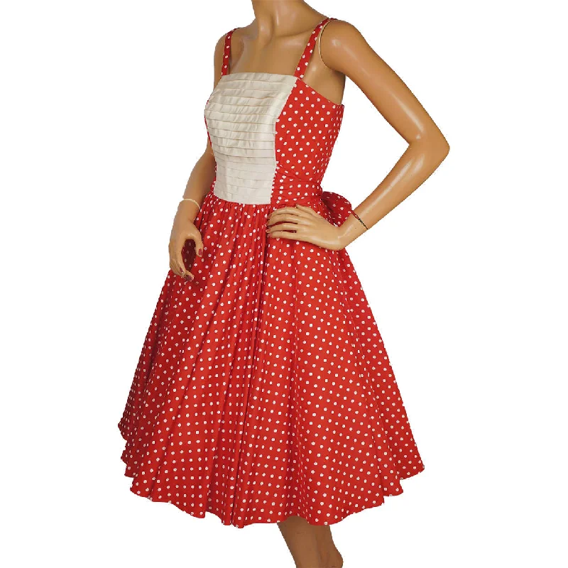 Vintage 1950s Style Crinoline Dress White Polka Dot Red Faille Taffeta Size M