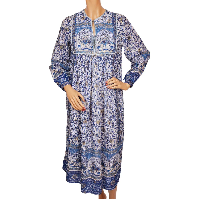 Vintage Hippie 70s Indian Cotton Gauze Dress Printed Peacock Unused NOS Small