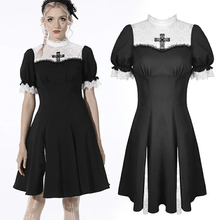 Women's Gothic Puff Sleeved Splice Black Dress
