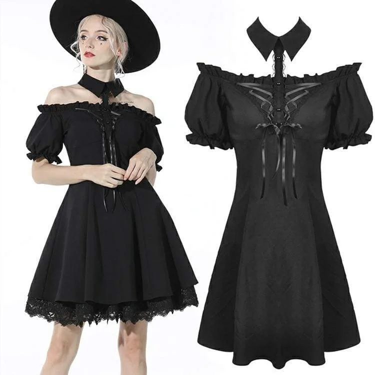 Women's Gothic Strappy Puff Sleeved Black Halterneck Dress