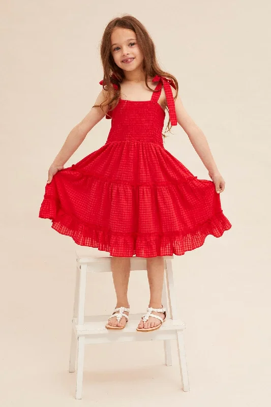 Red Kids Fit And Flare Dress Shirred