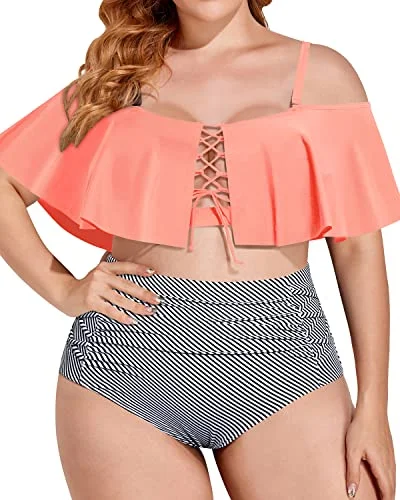 Alluring Plus Size Lace Up Bikini Adjustable Straps For Big Bust-Coral Pink Stripe Polka dot bikini, Retro style, Fun, Trendy Alluring Plus Size Lace Up Bikini Adjustable Straps For Big Bust-Coral Pink Stripe Polka dot bikini, Retro style, Fun, Trendy