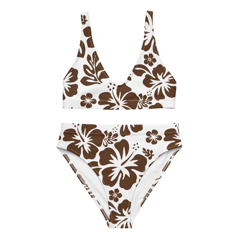 Brown Hibiscus Hawaiian Flowers on White High Waisted Bikini Bikini with mesh sides, Sexy, Trendy, Comfortable Brown Hibiscus Hawaiian Flowers on White High Waisted Bikini Bikini with mesh sides, Sexy, Trendy, Comfortable