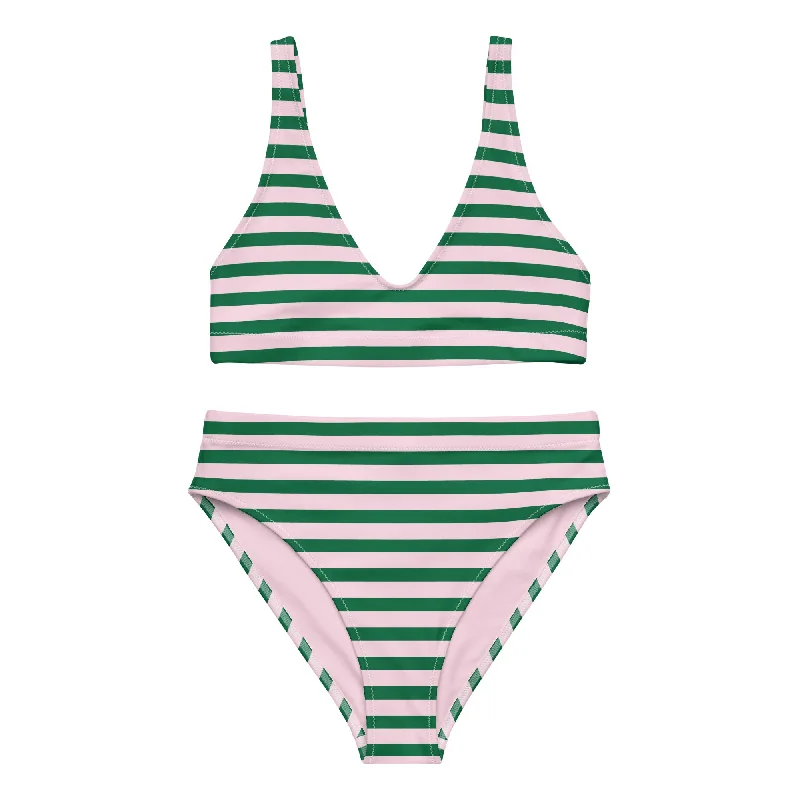 Green and Pink Beach Stripes High Waisted Bikini Halter neck bikini set, Sexy, Comfortable, Stylish Green and Pink Beach Stripes High Waisted Bikini Halter neck bikini set, Sexy, Comfortable, Stylish