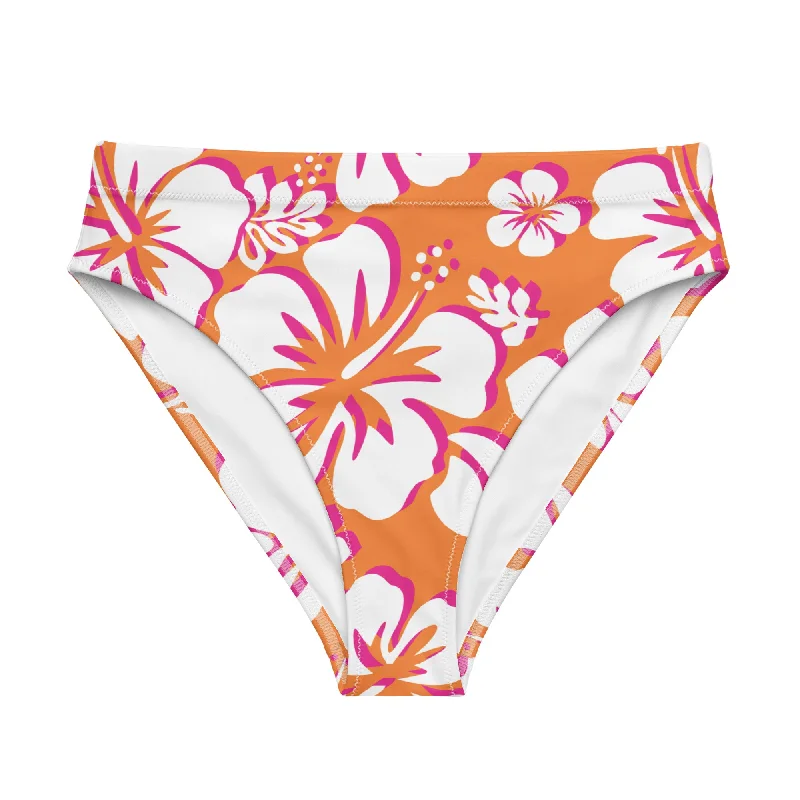 Juicy Orange, White and Hot Pink Hawaiian Flowers High Waisted Bikini Bottom High-waisted two-piece bikini, Vintage style, Comfortable, Sexy