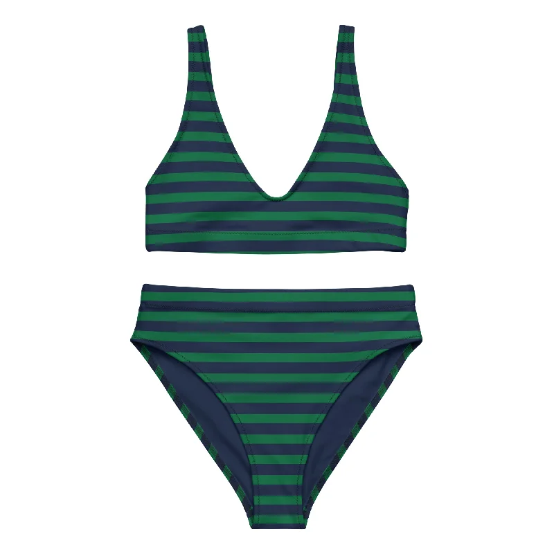 Navy Blue and Green Beach Stripes High Waisted Bikini Bikini with rings, Sexy, Stylish, Comfortable