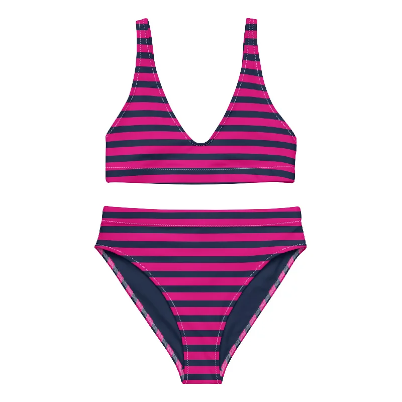 Navy Blue and Violet Red Beach Stripes High Waisted Bikini Full coverage bikini set, Modest, Comfortable, Stylish Navy Blue and Violet Red Beach Stripes High Waisted Bikini Full coverage bikini set, Modest, Comfortable, Stylish