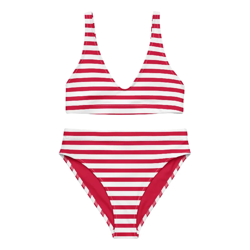 Red and White Beach Stripes High Waisted Bikini Stretch bikini, Comfortable, Trendy, Chic Red and White Beach Stripes High Waisted Bikini Stretch bikini, Comfortable, Trendy, Chic