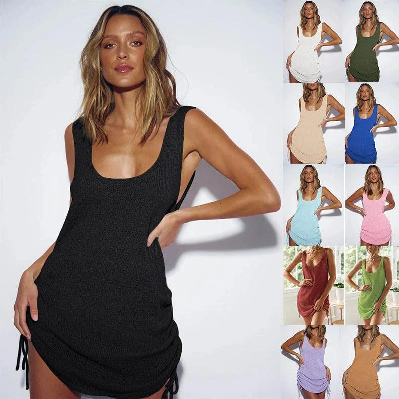 Solid Color Sleeveless Dress With Drawstring Design Fashion Sexy Beach Bikini Top Cover-up Skirt For Womens Clothing High-waisted bikini, Vintage style, Summer fashion, Comfortable Solid Color Sleeveless Dress With Drawstring Design Fashion Sexy Beach Bikini Top Cover-up Skirt For Womens Clothing High-waisted bikini, Vintage style, Summer fashion, Comfortable