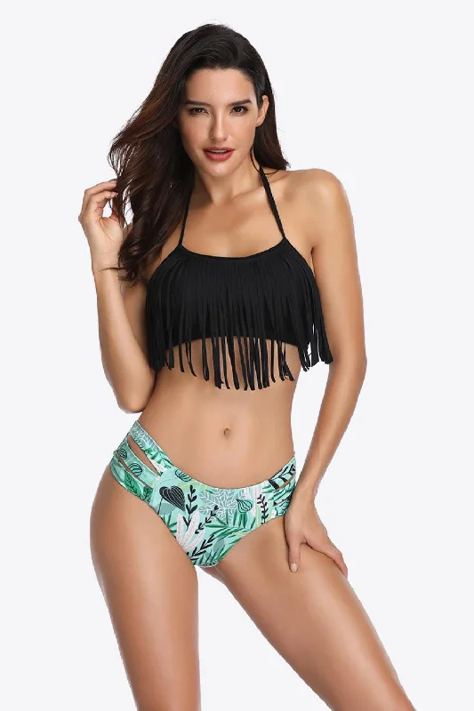 Fringe Trim Tied Bikini Set Lace-up bikini, Sexy, Fashionable, Trendy