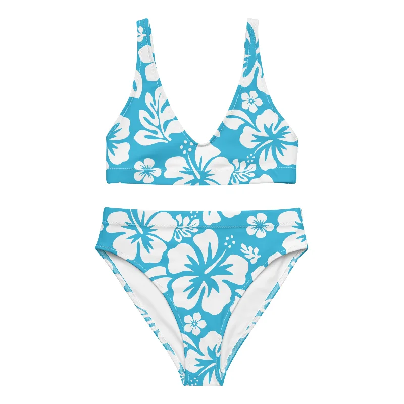 White Hawaiian Flowers on Aqua Ocean Blue High Waisted Bikini Bikini with halter neck, Sexy, Comfortable, Beachwear White Hawaiian Flowers on Aqua Ocean Blue High Waisted Bikini Bikini with halter neck, Sexy, Comfortable, Beachwear