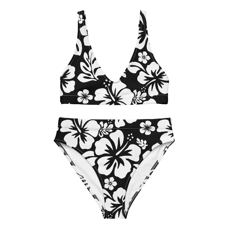 White Hawaiian Flowers on Black High Waisted Bikini Cut-out top bikini, Sexy, Chic, Stylish White Hawaiian Flowers on Black High Waisted Bikini Cut-out top bikini, Sexy, Chic, Stylish