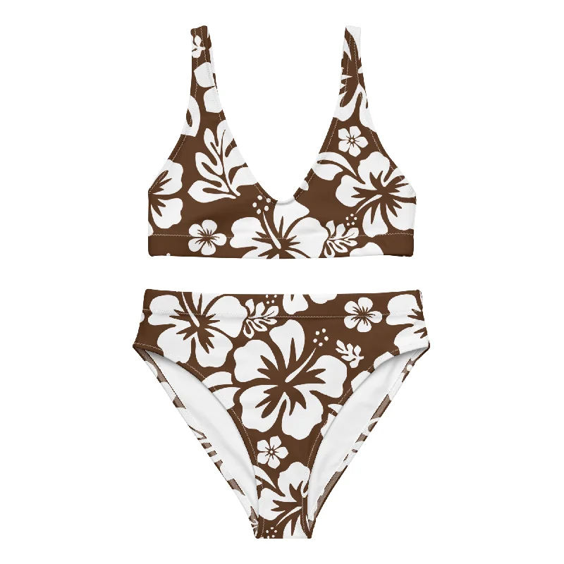 White Hawaiian Flowers on Brown High Waisted Bikini Crisscross bikini, Sexy, Trendy, Comfortable White Hawaiian Flowers on Brown High Waisted Bikini Crisscross bikini, Sexy, Trendy, Comfortable