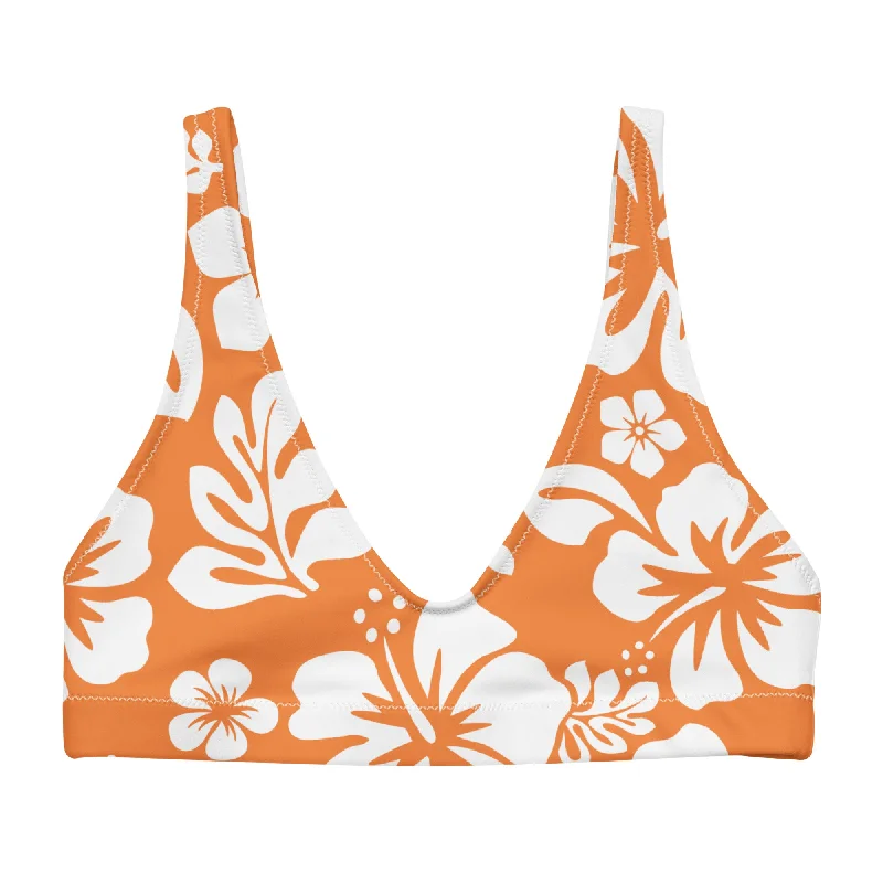 White Hawaiian Flowers on Juicy Orange Halter Bikini Top Metallic bikini, Shiny, Glamorous, Trendy White Hawaiian Flowers on Juicy Orange Halter Bikini Top Metallic bikini, Shiny, Glamorous, Trendy