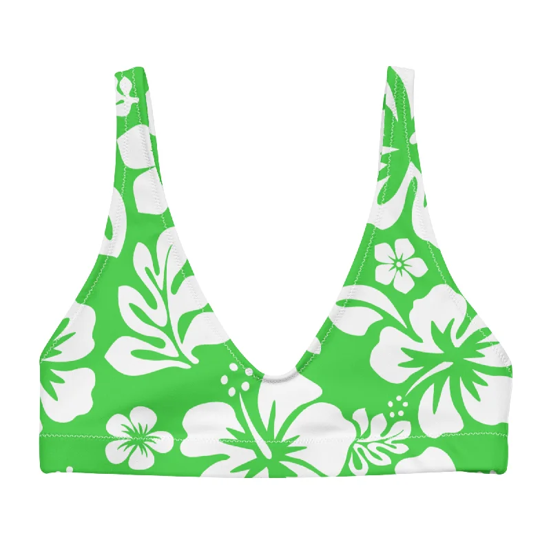 White Hawaiian Flowers on Lime Green Halter Bikini Top Ribbed bikini top, Comfortable, Sexy, Trendy White Hawaiian Flowers on Lime Green Halter Bikini Top Ribbed bikini top, Comfortable, Sexy, Trendy