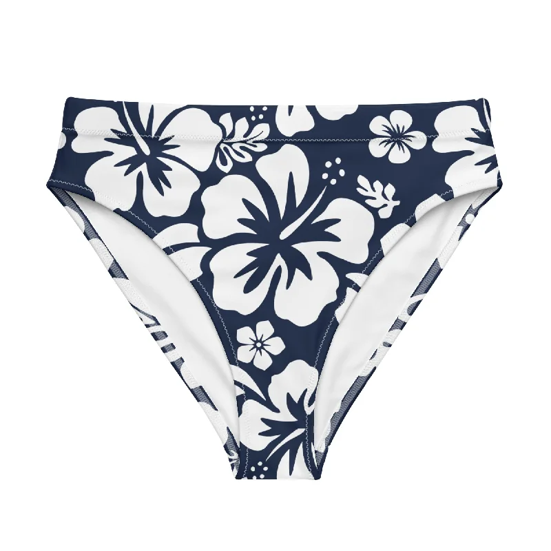 White Hawaiian Flowers on Navy Blue High Waisted Bikini Bottom Lace-up bikini, Trendy, Chic, Sexy White Hawaiian Flowers on Navy Blue High Waisted Bikini Bottom Lace-up bikini, Trendy, Chic, Sexy
