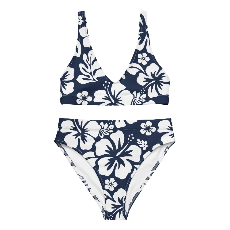 White Hawaiian Flowers on Navy Blue High Waisted Bikini Beach bikini set, Comfortable, Trendy, Sexy White Hawaiian Flowers on Navy Blue High Waisted Bikini Beach bikini set, Comfortable, Trendy, Sexy