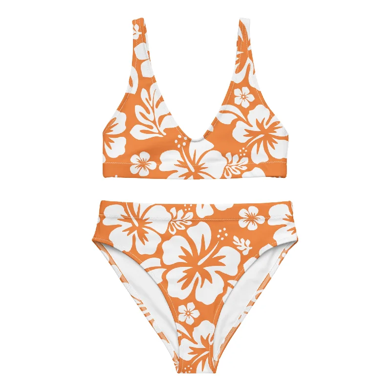 White Hawaiian Flowers on Orange High Waisted Bikini Boho fringe bikini, Trendy, Fun, Sexy White Hawaiian Flowers on Orange High Waisted Bikini Boho fringe bikini, Trendy, Fun, Sexy