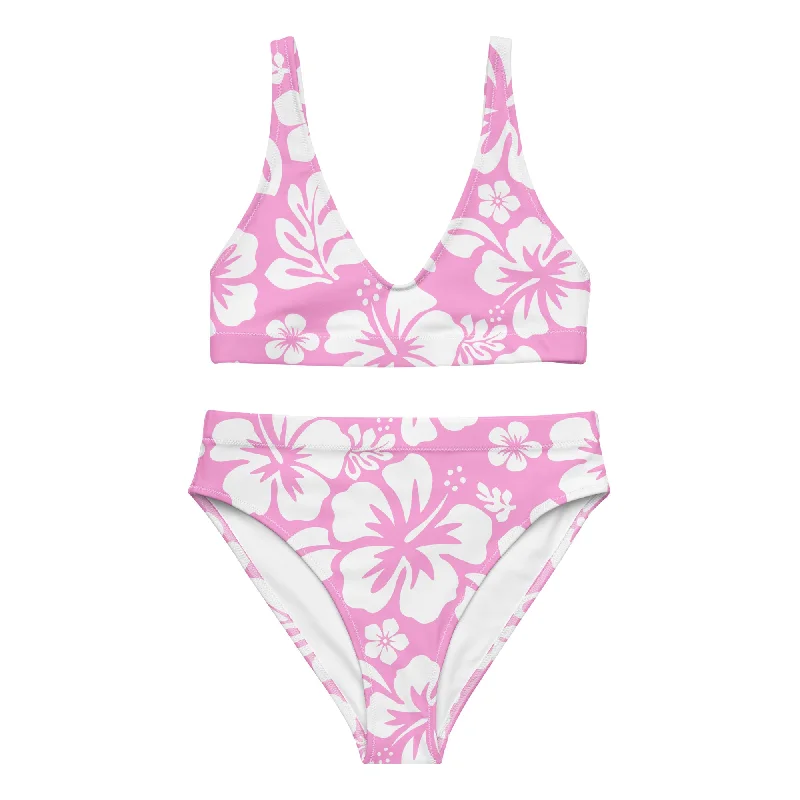 White Hawaiian Flowers on Pink High Waisted Bikini Bikini with ties, Sexy, Comfortable, Trendy White Hawaiian Flowers on Pink High Waisted Bikini Bikini with ties, Sexy, Comfortable, Trendy