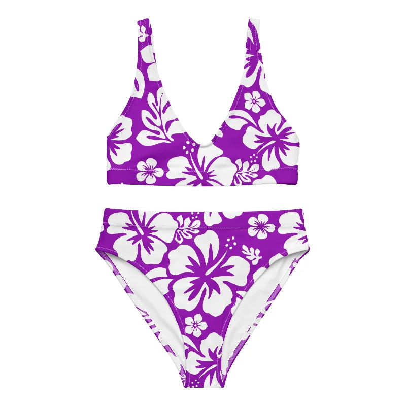 White Hawaiian Flowers on Purple High Waisted Bikini Cross-back bikini, Sexy, Comfortable, Stylish White Hawaiian Flowers on Purple High Waisted Bikini Cross-back bikini, Sexy, Comfortable, Stylish