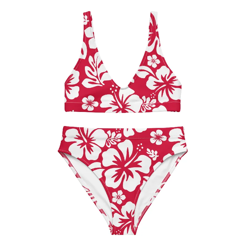 White Hawaiian Flowers on Red High Waisted Bikini Fishnet bikini, Sexy, Edgy, Trendy White Hawaiian Flowers on Red High Waisted Bikini Fishnet bikini, Sexy, Edgy, Trendy